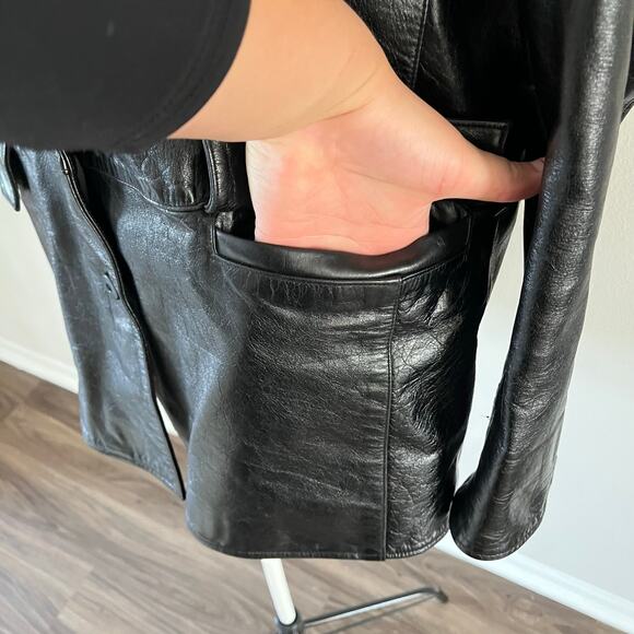 Vtg Y2K 2000s Black Leather Blazer Car Coat Wmns XL Grunge Casual - Picture 5 of 13